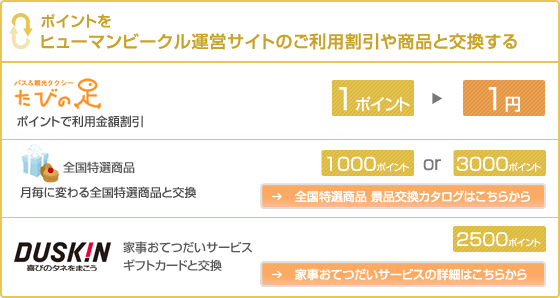 ポイントをヒューマンビークル運営サイトのご利用割引や商品と交換する