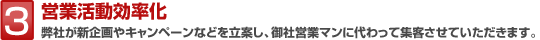 3 営業活動効率化 弊社が新企画やキャンペーンなどを立案し、御社営業マンに代わって集客させて頂きます。